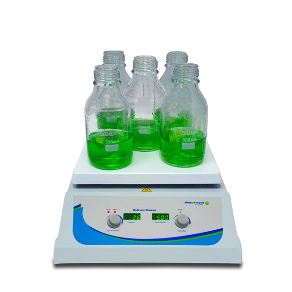 Benchmark Scientific HS 10 Plus Multi Functional Hotplate Stirrer With 5 Bottles And Control Panel Front View