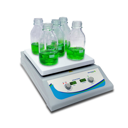 Benchmark Scientific HS 10 Plus Multi Functional Hotplate Stirrer With 5 Bottles And Control Panel Right Side View