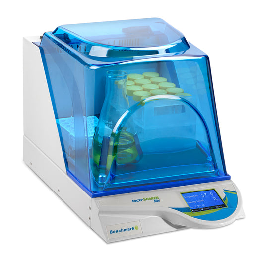 Benchmark Scientific Incu Shaker Mini With Non Slip Rubber Mat Closed With Laboratory Glassware Insidde View