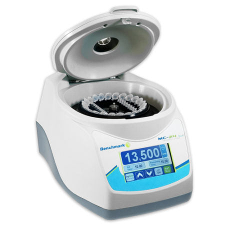 Benchmark Scientific MC 24 Touch High Speed Microcentrifuge Open Lid And Control Panel Front Side View