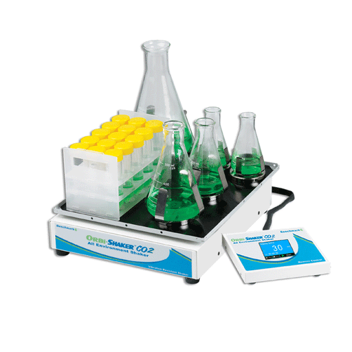 Benchmark Scientific Orbi Shaker CO2 with Remote Controller and Non Slip Rubber Mat With Conical Flask And Tubes View