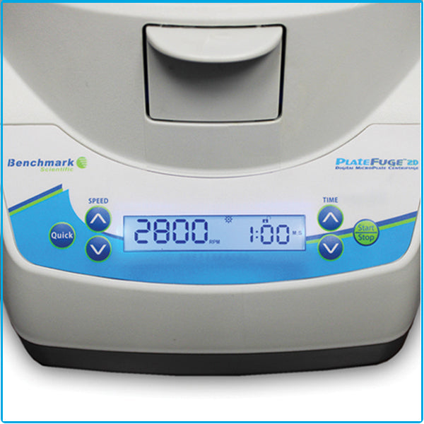 Benchmark Scientific PlateFuge 2D Digital Microplate Centrifuge Close Up Of The Digital Display Screen And Control Panel Showing Speed And Time Settings