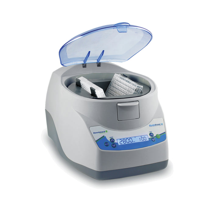 Benchmark Scientific PlateFuge 2D Digital Microplate Centrifuge With An Open Blue Lid Showing Loaded PCR Microplates