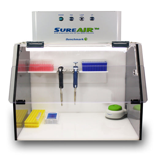 Benchmark Scientific SureAir PCR Workstation Containment Hood With Laboratory Tools Front View