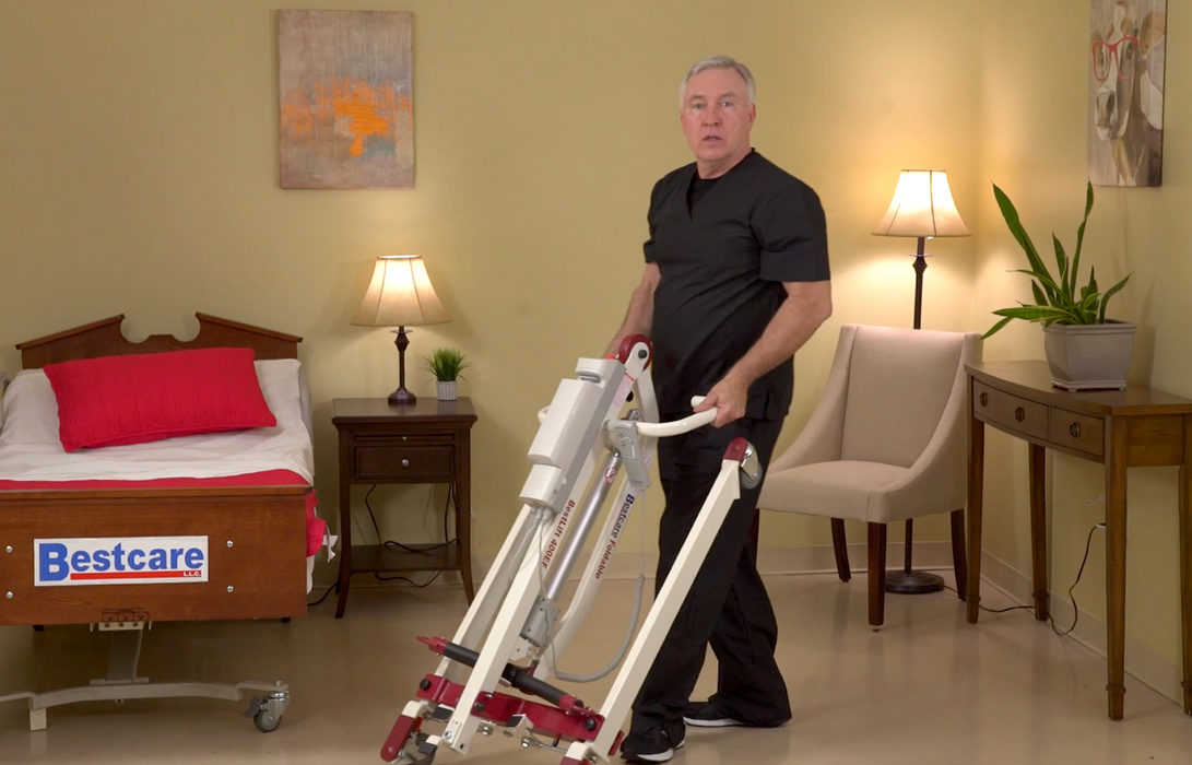 Bestcare BestLift PL400EF Foldable Patient Lift Fully Folded With Caregiver