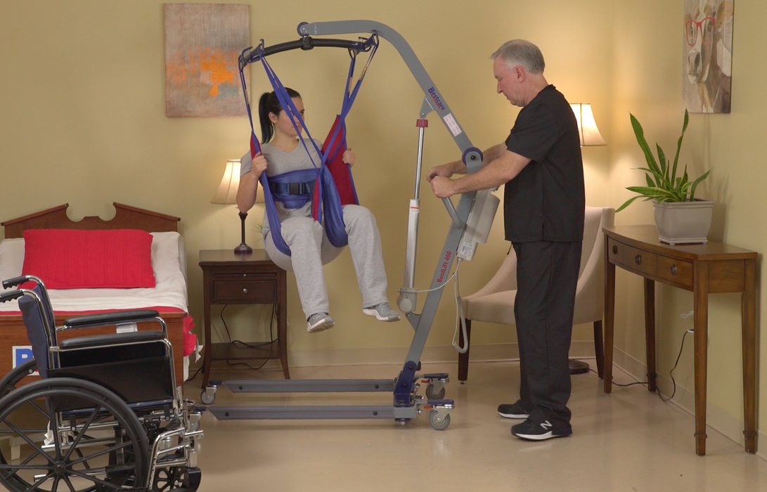 Bestcare BestLift ProCare PL400 Ergonomic Patient Lift With Caregiver In Control And Patient Transfer from Wheelchair To Bed