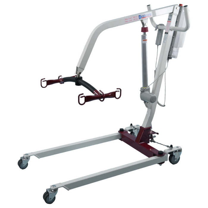 Bestcare Bestlift PL182 full body patient lift in base position in left angle view with hand control mounted on lift handle.