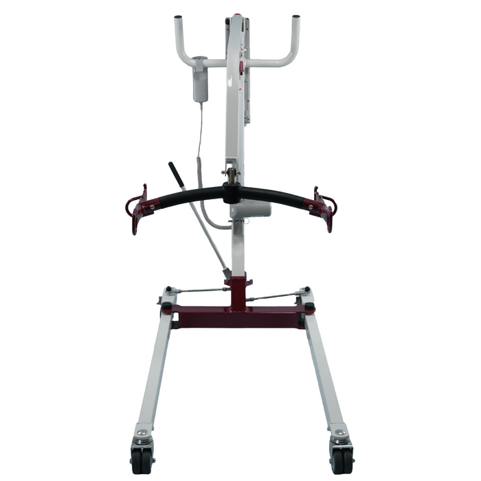 Bestcare Bestlift PL182 full body patient lift in base position with hand control mounted on lift handle.