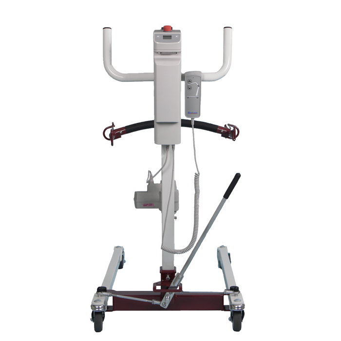 Bestcare Bestlift PL182 full body patient lift Rear View in base position with hand control mounted on lift handle.