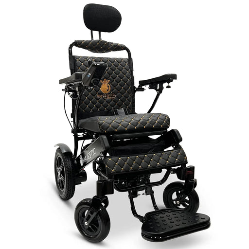 Black ComfyGO IQ-9000 AR Lightweight Electric Wheelchair Auto Recline, Comfort, and Airline-Approved Design, Stylish black frame color with remote control conveniently.
