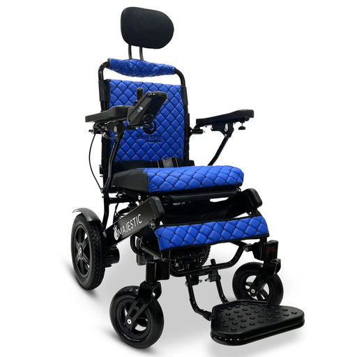 Blue ComfyGO IQ-9000 AR Lightweight Electric Wheelchair Auto Recline, Comfort, and Airline-Approved Design, Stylish black frame color with remote control conveniently.