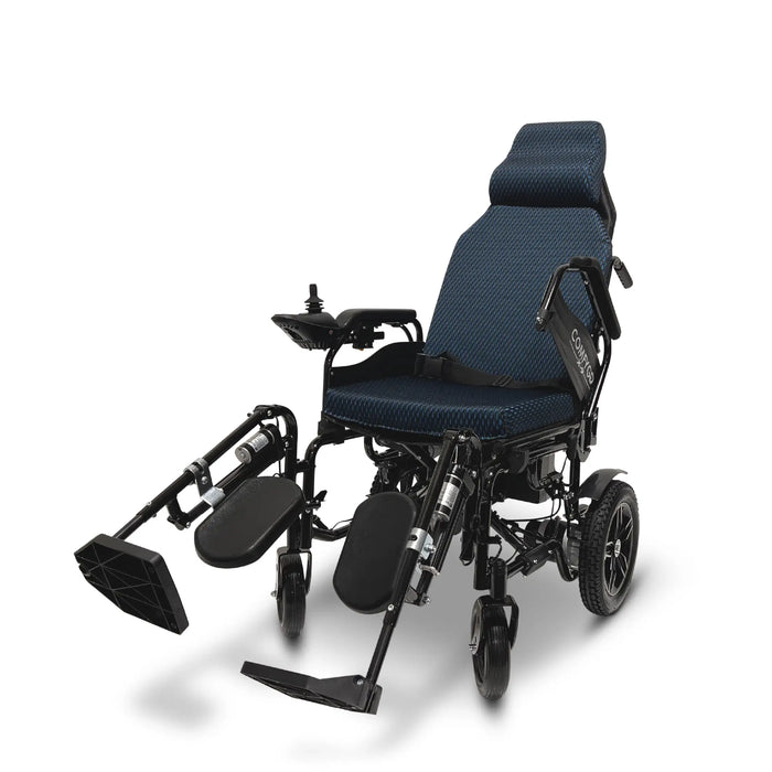 Blue ComfyGO X 9 Remote Controlled Electric Wheelchair Automatic Reclining Back rest and raised both foot rest