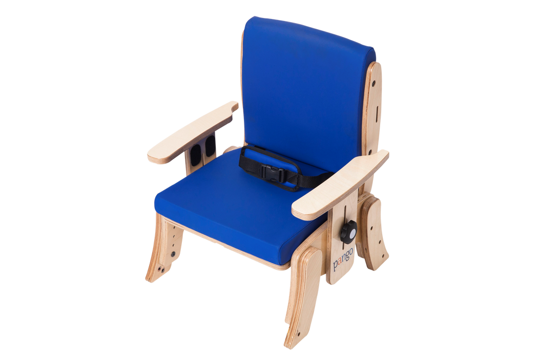 Blue Circle Specialty Pango Activity Classroom Chair Adjustable Seating for Posture and Comfort with Back height 12 inches and Blue Cushion backrest & seat, seatbelt, adjustable armrest