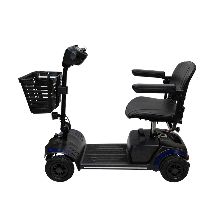 Climbing Steps Blue Eleanor Electric Mobility Scooter With Basket And Seat Side View