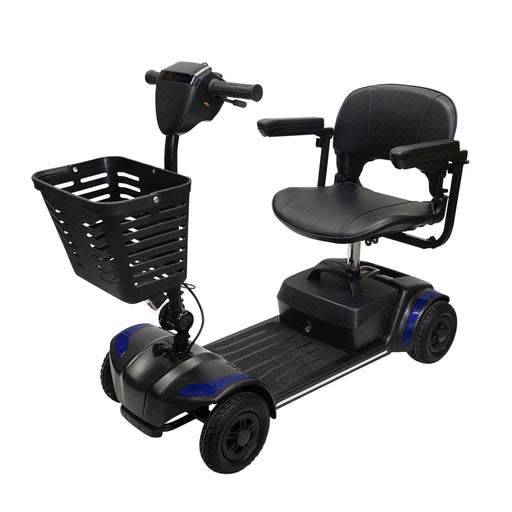 Climbing Steps Blue Eleanor Electric Mobility Scooter With Large Front Basket Front Side Angle View