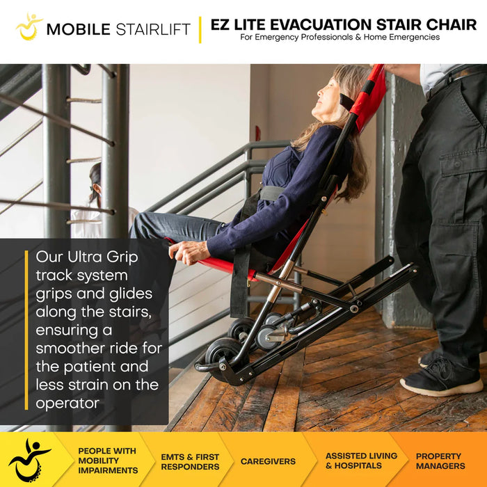 Climbing Steps EZ LITE Evacuation Chair With Patient And Responders Assisting Going Down Stairs View