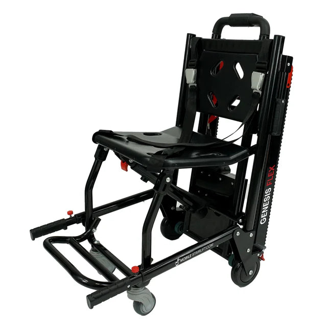 Climbing Steps Genesis Flex Transport Chair and Portable Stairlift Chair With Rubber Track Secured On The Back View