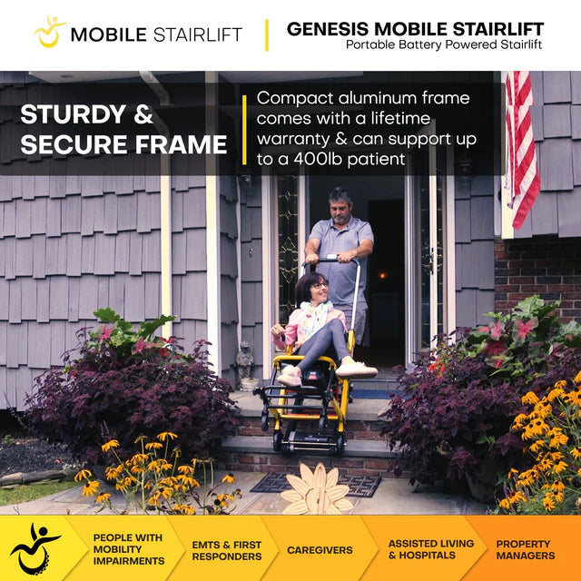 Climbing Steps Genesis Mobile Stairlift Chair With Patient And Father Outdoor View