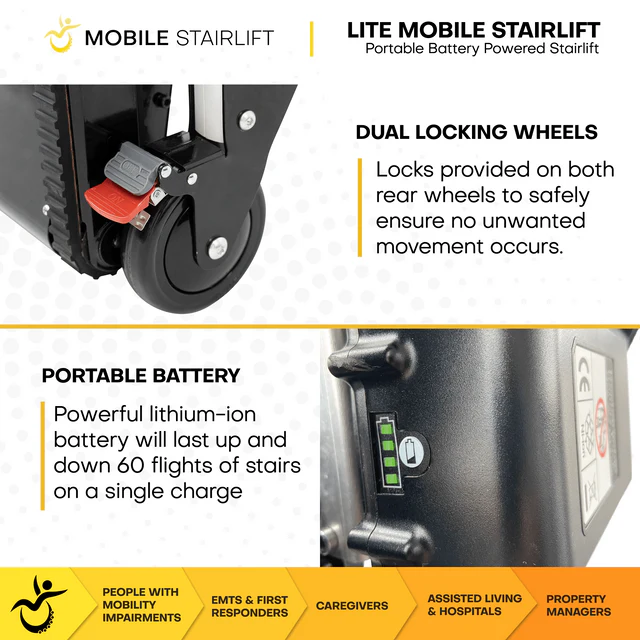 Climbing Steps LITE Mobile Stairlift Locking Wheels And Battery View