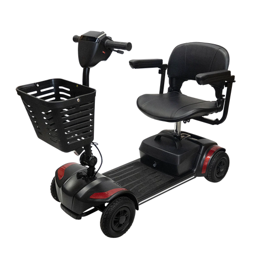 Climbing Steps Red Eleanor Electric Mobility Scooter With Large Front Basket Front Side Angle View