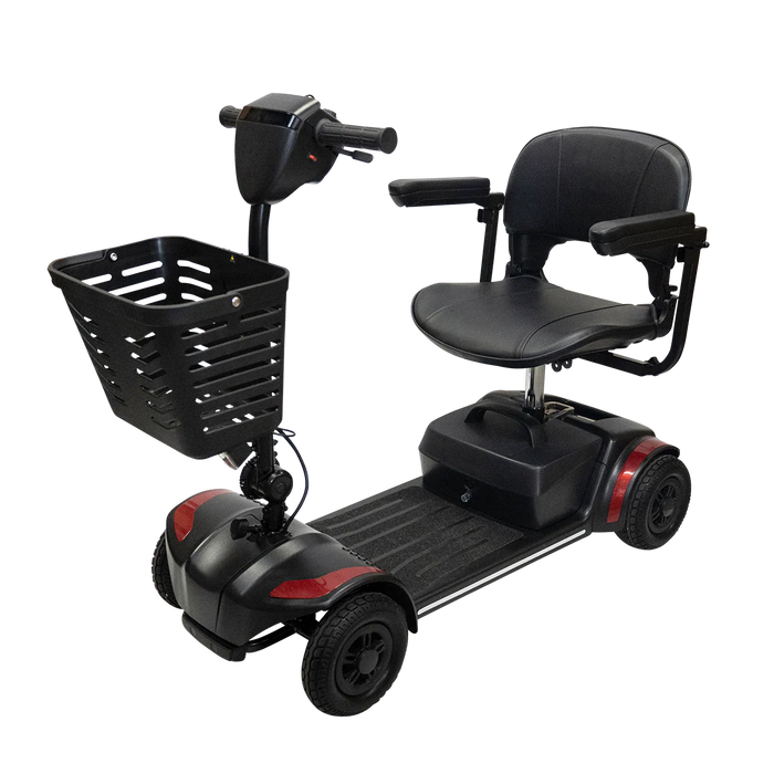 Climbing Steps Red Eleanor Electric Mobility Scooter With Large Front Basket Front Side Angle View