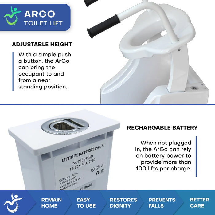 Climbing Steps White ArGo Electric Toilet Lift Adjustable Height And Rechargeable Battery Info Graphic View