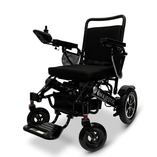 Black Standard ComfyGO MAJESTIC IQ-7000 Auto Folding Electric Wheelchair Lightweight, Airline-Friendly, and Travel Ready with joystick controller mounted on the right armrest and sleek black frame
