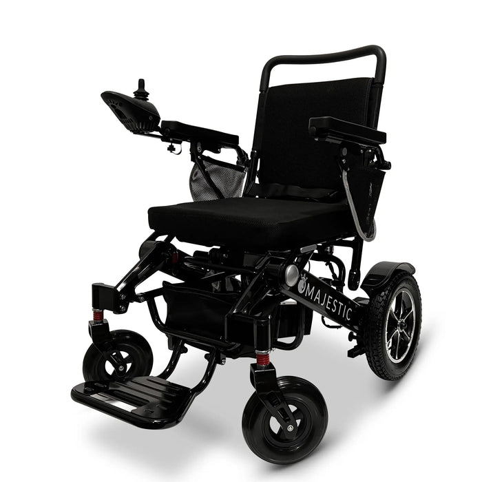 Black Standard ComfyGO MAJESTIC IQ-7000 Auto Folding Electric Wheelchair Lightweight, Airline-Friendly, and Travel Ready with joystick controller mounted on the right armrest and sleek black frame
