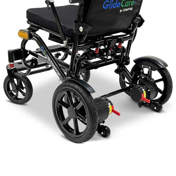 ComfyGo Glide Care G Five Lightweight Foldable Electric Wheelchair Under Rear View Showing Motor And Battery
