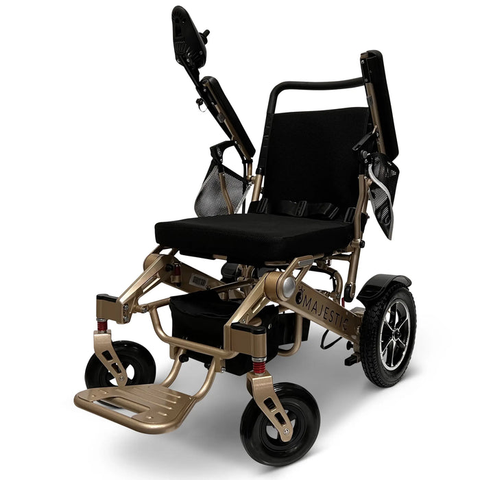 ComfyGO MAJESTIC IQ-7000 Auto Folding Electric Wheelchair Lightweight, Airline-Friendly, and Travel Ready with joystick controller mounted on the right armrest and sleek black frame and both armrests raised
