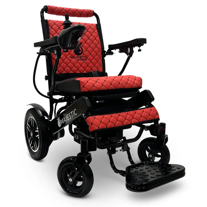 ComfyGO MAJESTIC IQ-8000 Auto Folding Electric Wheelchair Lightweight, Airline-Friendly, and Travel Ready with footrest is wide, solid, and foldable, joystick controller is mounted on the right armrest
