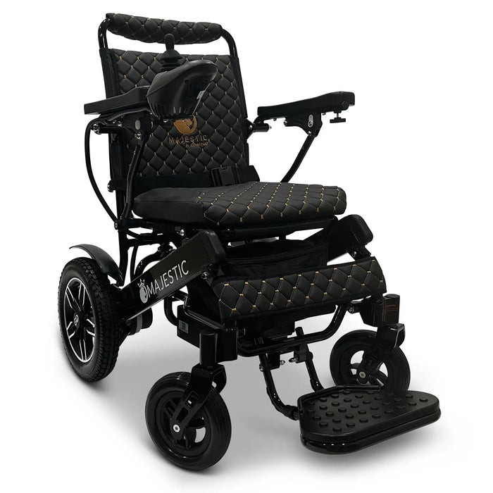 Black ComfyGO MAJESTIC IQ-8000 Auto Folding Electric Wheelchair Lightweight, Airline-Friendly, and Travel Ready with footrest is wide, solid, and foldable, joystick controller is mounted on the right armrest