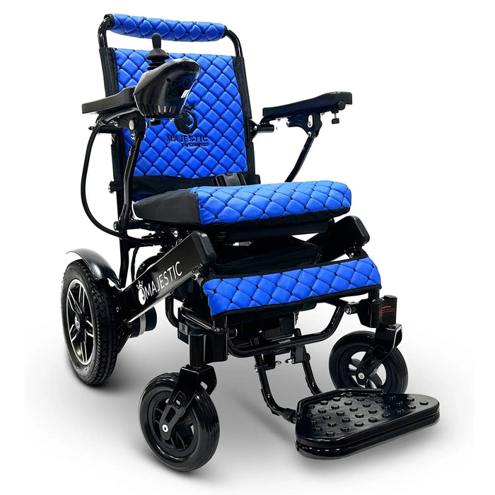 Blue ComfyGO MAJESTIC IQ-8000 Auto Folding Electric Wheelchair Lightweight, Airline-Friendly, and Travel Ready with footrest is wide, solid, and foldable, joystick controller is mounted on the right armrest