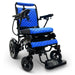 Blue ComfyGO MAJESTIC IQ-8000 Auto Folding Electric Wheelchair Lightweight, Airline-Friendly, and Travel Ready with footrest is wide, solid, and foldable, joystick controller is mounted on the right armrest