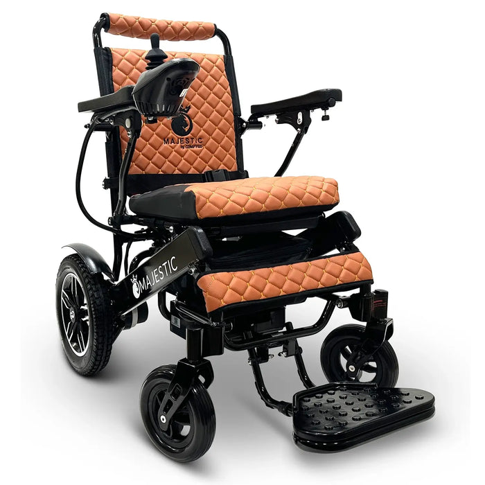 Taba ComfyGO MAJESTIC IQ-8000 Auto Folding Electric Wheelchair Lightweight, Airline-Friendly, and Travel Ready with footrest is wide, solid, and foldable, joystick controller is mounted on the right armrest