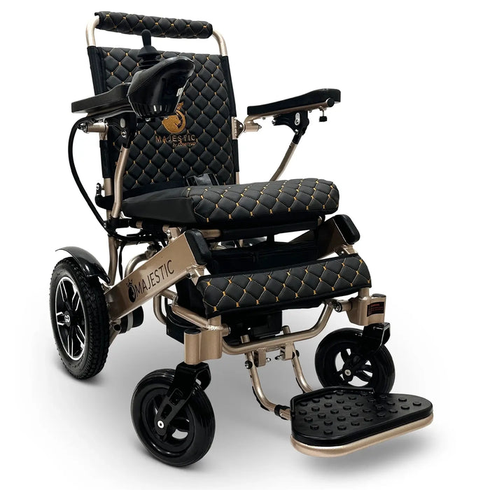 Black ComfyGO MAJESTIC IQ-8000 Auto Folding Electric Wheelchair Lightweight, Airline-Friendly, and Travel Ready with footrest is wide, solid, and foldable, joystick controller is mounted on the right armrest