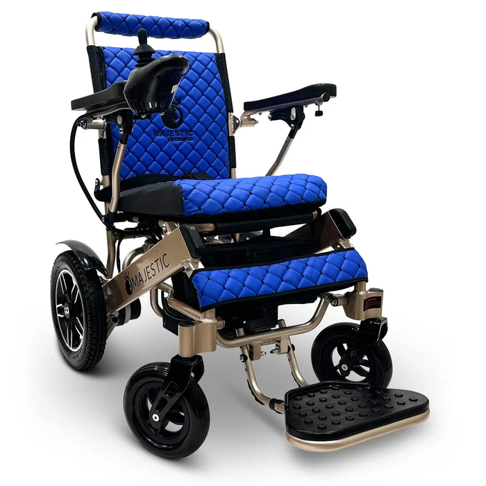 Blue ComfyGO MAJESTIC IQ-8000 Auto Folding Electric Wheelchair Lightweight, Airline-Friendly, and Travel Ready with footrest is wide, solid, and foldable, joystick controller is mounted on the right armrest
