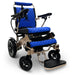 Blue ComfyGO MAJESTIC IQ-8000 Auto Folding Electric Wheelchair Lightweight, Airline-Friendly, and Travel Ready with footrest is wide, solid, and foldable, joystick controller is mounted on the right armrest
