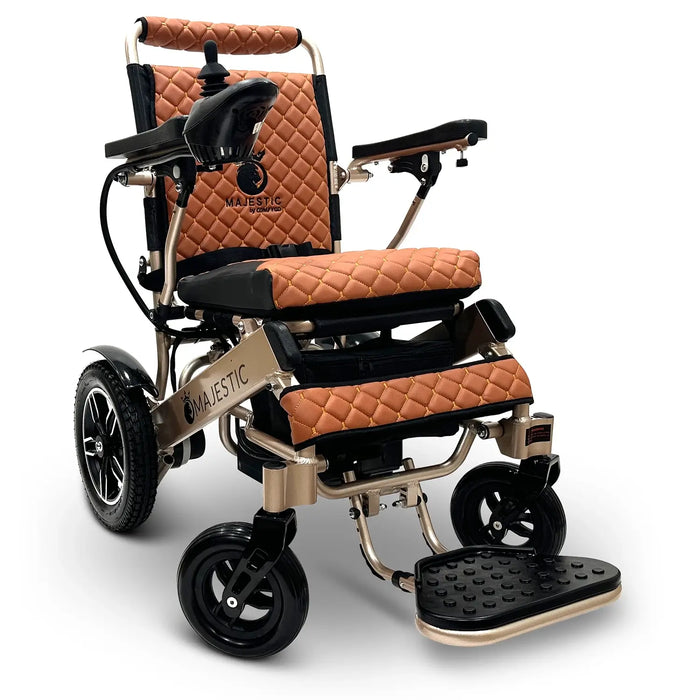 Taba ComfyGO MAJESTIC IQ-8000 Auto Folding Electric Wheelchair Lightweight, Airline-Friendly, and Travel Ready with footrest is wide, solid, and foldable, joystick controller is mounted on the right armrest