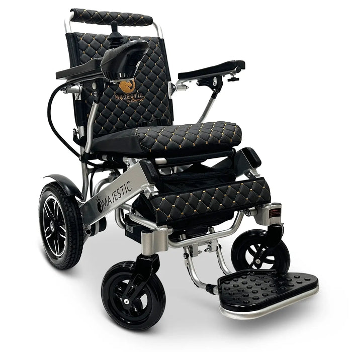 Black ComfyGO MAJESTIC IQ-8000 Auto Folding Electric Wheelchair Lightweight, Airline-Friendly, and Travel Ready with footrest is wide, solid, and foldable, joystick controller is mounted on the right armrest