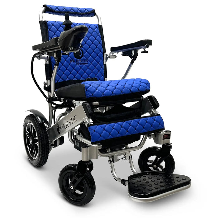 Blue ComfyGO MAJESTIC IQ-8000 Auto Folding Electric Wheelchair Lightweight, Airline-Friendly, and Travel Ready with footrest is wide, solid, and foldable, joystick controller is mounted on the right armrest