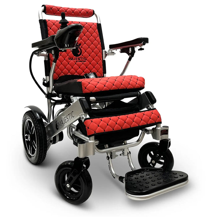 Red ComfyGO MAJESTIC IQ-8000 Auto Folding Electric Wheelchair Lightweight, Airline-Friendly, and Travel Ready with footrest is wide, solid, and foldable, joystick controller is mounted on the right armrest