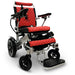 Red ComfyGO MAJESTIC IQ-8000 Auto Folding Electric Wheelchair Lightweight, Airline-Friendly, and Travel Ready with footrest is wide, solid, and foldable, joystick controller is mounted on the right armrest