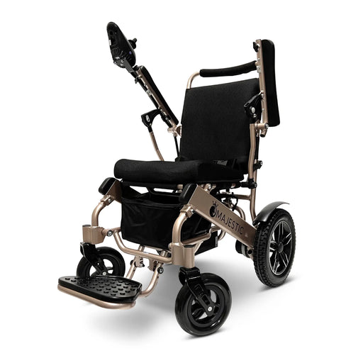 Standard Black Textile Bronze Frame ComfyGO MAJESTIC IQ-8000 Standard Remote Controlled Lightweight Electric Wheelchair, with both armrests raised and joystick controller is mounted on the right armrest 