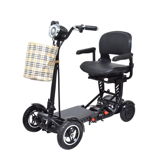 Black ComfyGO MS3000 Plus Mobility Scooter Foldable, Powerful, and Designed for Urban Adventures with basket plus wide seat foot platform is spacious and low to the ground