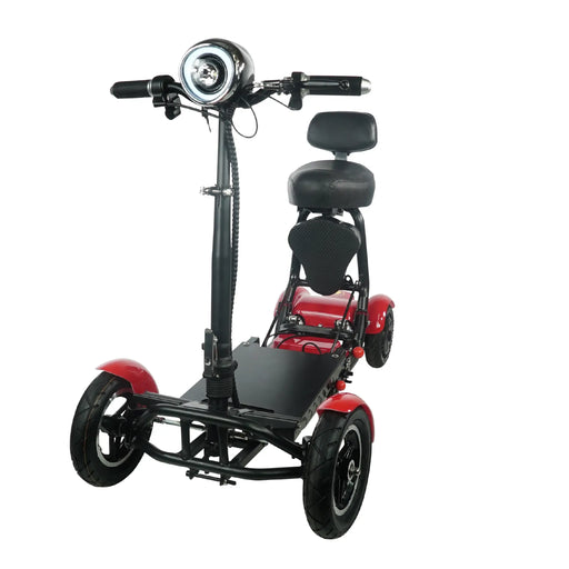 Red ComfyGO MS3000 Lightweight Foldable Mobility Scooter Powerful, Eco-Friendly, and Built for City Commuting with handlebars have rubber grips and brake levers on both sides, large circular headlight 