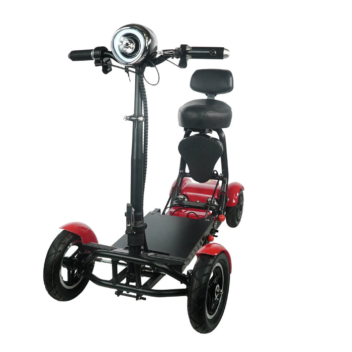 Red ComfyGO MS3000 Lightweight Foldable Mobility Scooter Powerful, Eco-Friendly, and Built for City Commuting with handlebars have rubber grips and brake levers on both sides, large circular headlight 