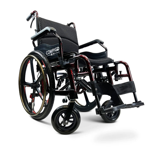 ComfyGO X-1 Red Lightweight Manual Wheelchair With Quick Detach Wheels, Side View.