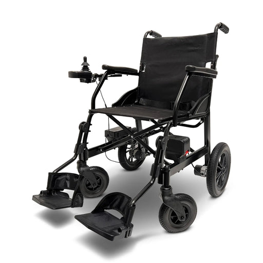ComfyGO X-lite Ultra Lightweight Foldable Electric Wheelchair With Hand Control Swing Away Footrest And All Terrain Wheels In Front Side View