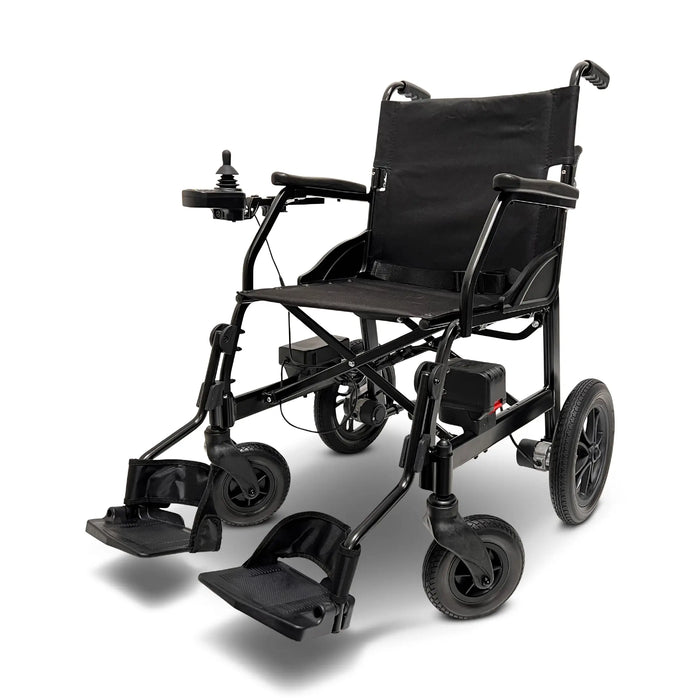 ComfyGO X-lite Ultra Lightweight Foldable Electric Wheelchair With Hand Control Swing Away Footrest And All Terrain Wheels In Front Side View